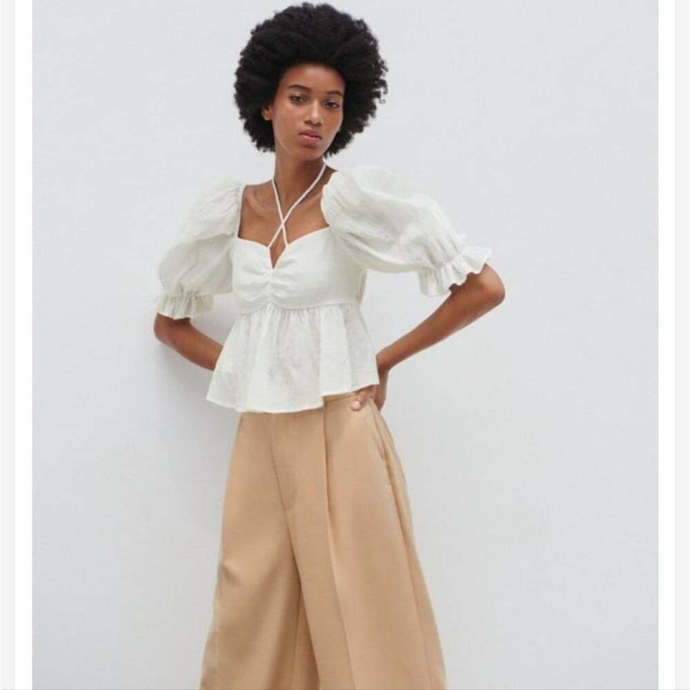 NWT Zara White Puff Sleeve Peplum Top Size M
